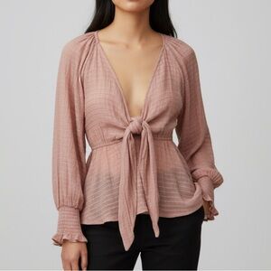 FLAWLESS MAUVE PINK LONG SLEEVE TIE FRONT V-NECK PEASANT BLOUSE WOMENS SZ SMALL